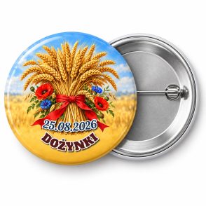 Przypinka Snop Zboża: kolorowa przypinka na dożynki z napisem DOŻYNKI oraz polem data (np. 25.08.2026) – przód i aluminiowy tył z agrafką