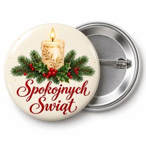 Przypinka Spokojnych Świąt Świeca: przypinka na Boże Narodzenie z napisem Spokojnych Świąt – przód i aluminiowy tył z agrafką