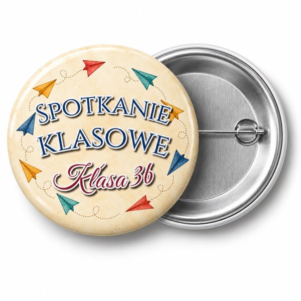 Przypinka Spotkanie Klasowe Papierowe Samolociki: przypinka na spotkanie klasowe z napisem Spotkanie klasowe oraz polem klasa (np. Klasa 3b) – przód i aluminiowy tył z agrafką