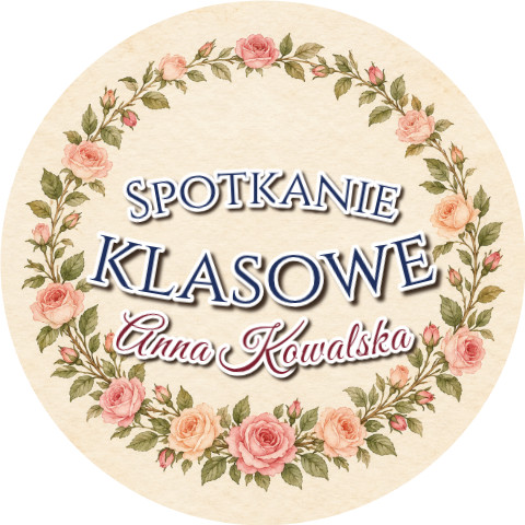 Wzór: Przypinka Spotkanie Klasowe Róże – napis Spotkanie klasowe i pole imię i nazwisko na eleganckiej grafice