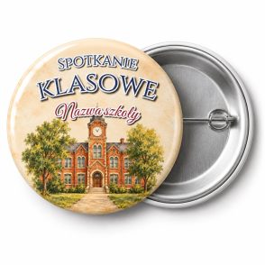 Przypinka Spotkanie Klasowe Szkoła: przypinka na spotkanie klasowe z napisem Spotkanie klasowe oraz polem nazwa szkoły (np. Nazwa szkoły) – przód i aluminiowy tył z agrafką