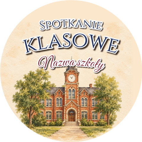 Wzór: Przypinka Spotkanie Klasowe Szkoła – napis Spotkanie klasowe i pole nazwa szkoły na eleganckiej grafice