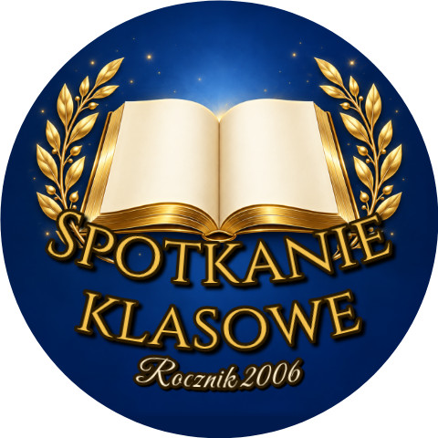 Wzór: Przypinka Spotkanie Klasowe Złota Księga – napis Spotkanie klasowe i pole rocznik na eleganckiej grafice