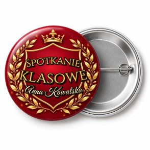 Przypinka Spotkanie Klasowe Złota Tarcza: przypinka na spotkanie klasowe z napisem Spotkanie klasowe oraz polem imię i nazwisko (np. Anna Kowalska) – przód i aluminiowy tył z agrafką