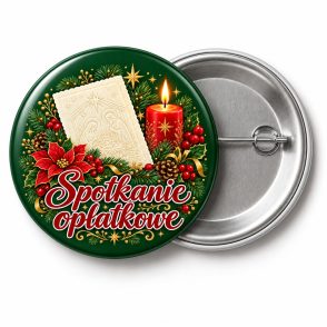 Przypinka Spotkanie Opłatkowe Seniorów: kolorowa przypinka na Dzień Seniora z napisem Spotkanie opłatkowe – przód i aluminiowy tył z agrafką