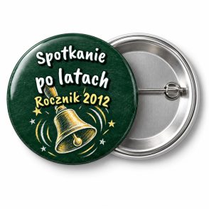 Przypinka Spotkanie po Latach Kredowy Dzwonek: przypinka na spotkanie klasowe z napisem Spotkanie po latach oraz polem rocznik (np. Rocznik 2012) – przód i aluminiowy tył z agrafką