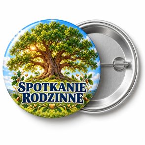 Przypinka Spotkanie Rodzinne Dąb: kolorowa przypinka na zjazd rodzinny z napisem SPOTKANIE RODZINNE – przód i aluminiowy tył z agrafką