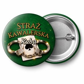 Przypinka Straż Kawalerska z Imieniem Kajdanki i Karta: przypinka na wieczór kawalerski z napisem Straż Kawalerska oraz polem imię (np. Kuba) – przód i aluminiowy tył z agrafką