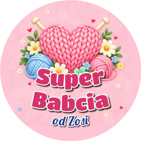 Wzór: Przypinka Super Babcia z Włóczką – napis Super Babcia i pole od kogo na pastelowej grafice