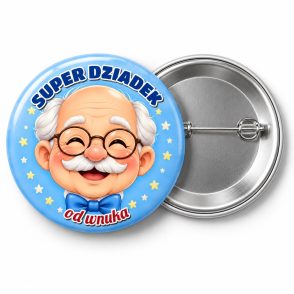 Przypinka Super Dziadek Emblemat: przypinka na Dzień Babci i Dziadka z napisem SUPER DZIADEK oraz polem od kogo (np. od wnuka) – przód i aluminiowy tył z agrafką