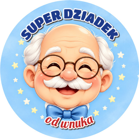 Wzór: Przypinka Super Dziadek Emblemat – napis SUPER DZIADEK i pole od kogo na pastelowej grafice