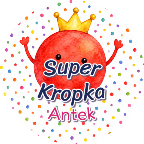 Wzór: Przypinka Super Kropka z Koroną – napis Super Kropka i pole imię