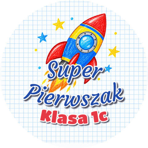 Wzór: Przypinka Super Pierwszak z Nazwą Klasy Kredkowa Rakieta – napis Super Pierwszak i pole klasa