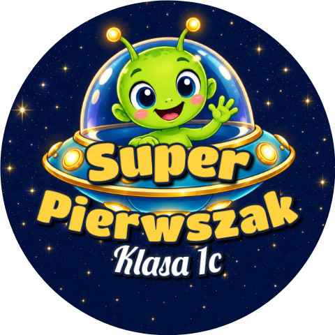 Wzór: Przypinka Super Pierwszak z Nazwą Klasy Ufoludek – napis Super Pierwszak i pole klasa