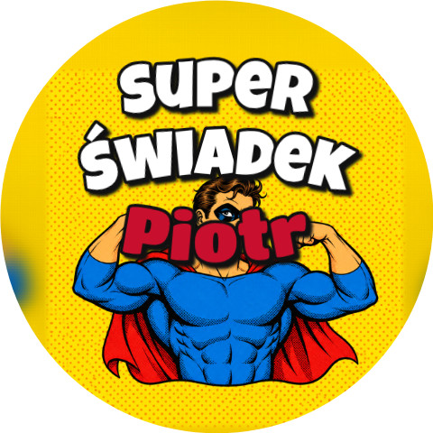 Wzór: Przypinka Super Świadek z Imieniem Komiksowy Superbohater – napis Super Świadek i pole imię