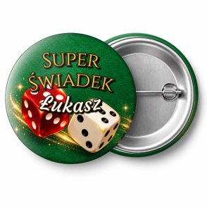 Przypinka Super Świadek z Imieniem Kości w Locie: przypinka na wieczór kawalerski z napisem Super Świadek oraz polem imię (np. Łukasz) – przód i aluminiowy tył z agrafką