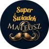 Wzór: Przypinka Super Świadek z Imieniem Monokl i Wąsy – napis Super Świadek i pole imię