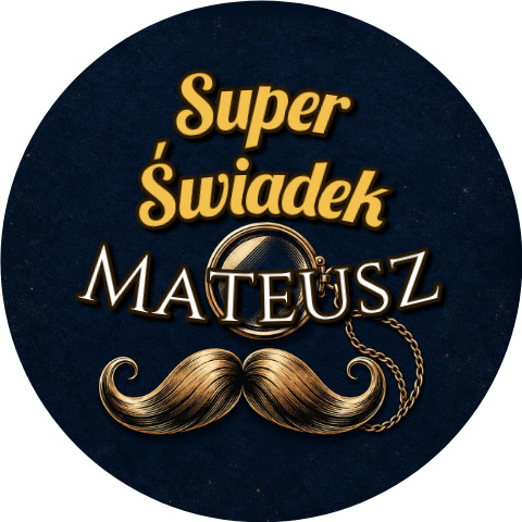 Wzór: Przypinka Super Świadek z Imieniem Monokl i Wąsy – napis Super Świadek i pole imię
