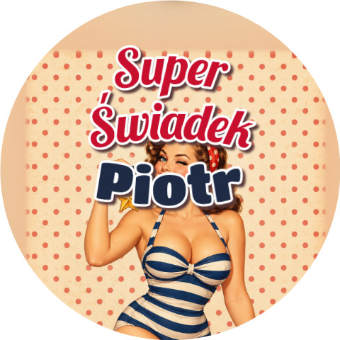 Wzór: Przypinka Super Świadek z Imieniem Pin-up z Medalem – napis Super Świadek i pole imię