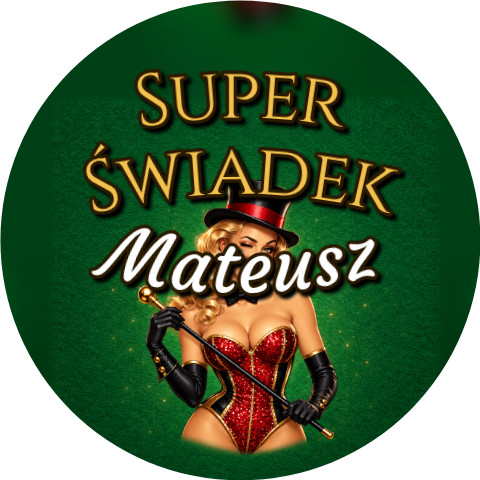 Wzór: Przypinka Super Świadek z Imieniem Showgirl z Laską – napis Super Świadek i pole imię