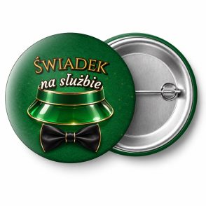 Przypinka Świadek na Służbie Daszek Krupiera: przypinka na wieczór kawalerski z napisem Świadek na służbie – przód i aluminiowy tył z agrafką