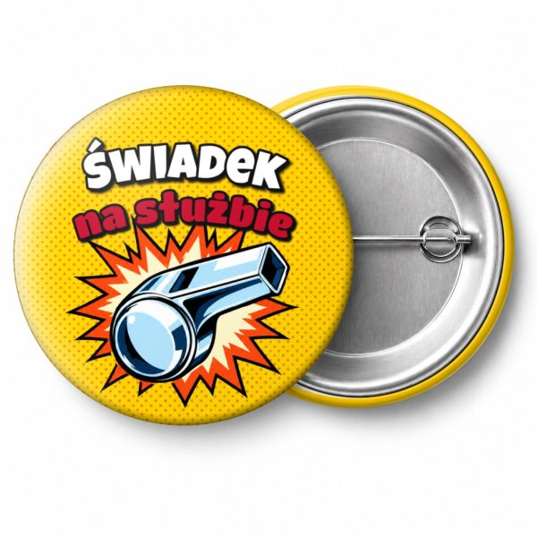 Przypinka Świadek na Służbie Gwizdek Sędziego: przypinka na wieczór kawalerski z napisem Świadek na służbie – przód i aluminiowy tył z agrafką