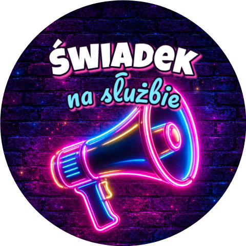 Wzór: Przypinka Świadek na Służbie Neonowy Megafon – grafika z napisem Świadek na służbie