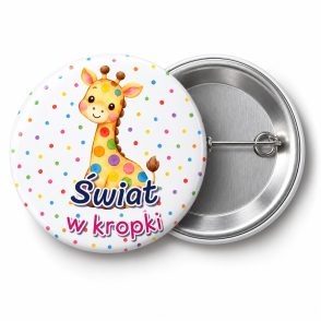 Przypinka Świat w Kropki: przypinka na Dzień Kropki z napisem Świat w kropki – przód i aluminiowy tył z agrafką