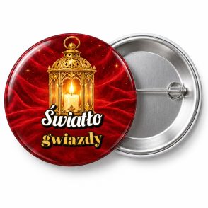 Przypinka Światło Gwiazdy Lampion: przypinka na Orszak Trzech Króli z napisem Światło gwiazdy – przód i aluminiowy tył z agrafką