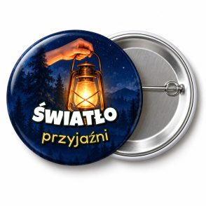 Przypinka Światło Przyjaźni: przypinka na Dzień Myśli Braterskiej z napisem Światło przyjaźni – przód i aluminiowy tył z agrafką