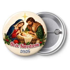 Przypinka Święta Rodzina: przypinka na Boże Narodzenie z napisem Boże Narodzenie oraz polem rok (np. 2026) – przód i aluminiowy tył z agrafką