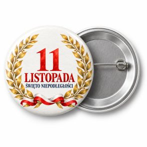 Przypinka Święto Niepodległości Laur: przypinka na 11 Listopada z napisem 11 LISTOPADA ŚWIĘTO NIEPODLEGŁOŚCI – przód i aluminiowy tył z agrafką