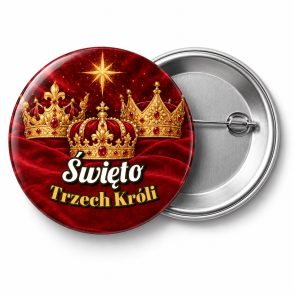 Przypinka Święto Trzech Króli: przypinka na Orszak Trzech Króli z napisem Święto Trzech Króli – przód i aluminiowy tył z agrafką