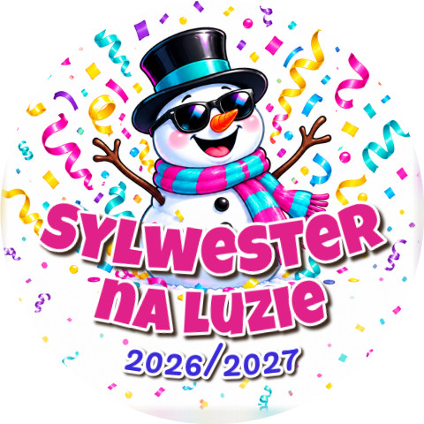 Wzór: Przypinka Sylwester Bałwan na Luzie – napis Sylwester na luzie i pole rok na sylwestrowej grafice