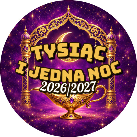 Wzór: Przypinka Sylwester Baśń Tysiąca i Jednej Nocy – napis Tysiąc i Jedna Noc i pole rok na sylwestrowej grafice