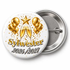 Przypinka Sylwester Biało-Złoty: przypinka na Sylwestra z napisem Sylwester oraz polem rok (np. 2026/2027) – przód i aluminiowy tył z agrafką