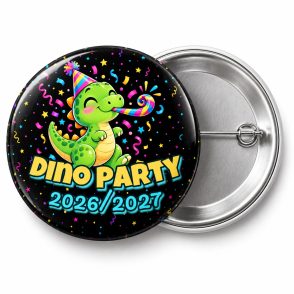 Przypinka Sylwester Dino Party: przypinka na Sylwestra z napisem Dino Party oraz polem rok (np. 2026/2027) – przód i aluminiowy tył z agrafką