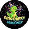 Wzór: Przypinka Sylwester Dino Party – napis Dino Party i pole rok na sylwestrowej grafice