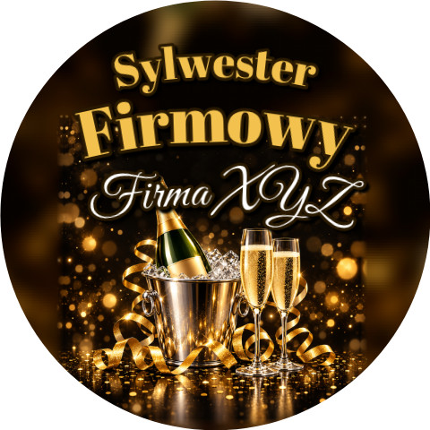 Wzór: Przypinka Sylwester Firmowy – napis Sylwester Firmowy i pole firma na sylwestrowej grafice