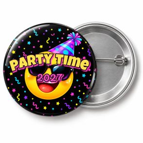 Przypinka Sylwester Imprezowa Emotka: przypinka na Sylwestra z napisem Party Time oraz polem rok (np. 2027) – przód i aluminiowy tył z agrafką