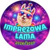 Wzór: Przypinka Sylwester Imprezowa Lama – napis Imprezowa Lama i pole rok na sylwestrowej grafice