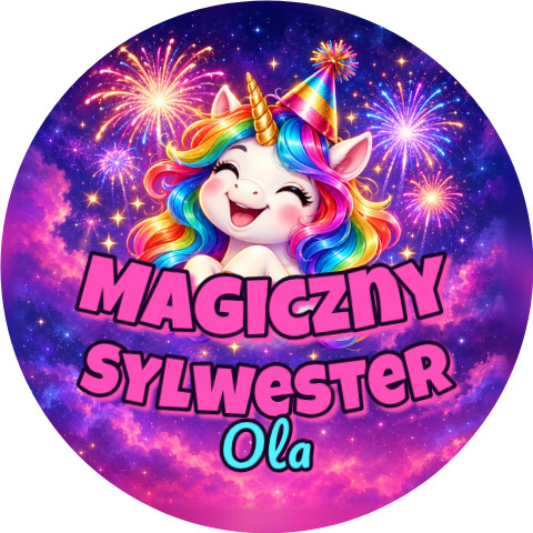 Wzór: Przypinka Sylwester Jednorożec – napis Magiczny Sylwester i pole imię na sylwestrowej grafice