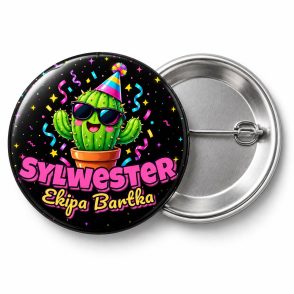 Przypinka Sylwester Kaktus w Okularach: przypinka na Sylwestra z napisem Sylwester oraz polem ekipa (np. Ekipa Bartka) – przód i aluminiowy tył z agrafką