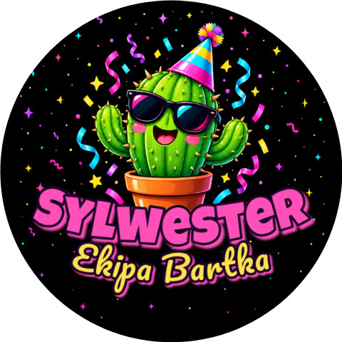Wzór: Przypinka Sylwester Kaktus w Okularach – napis Sylwester i pole ekipa na sylwestrowej grafice