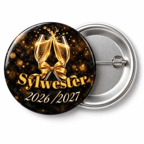 Przypinka Sylwester Kieliszki Szampana: przypinka na Sylwestra z napisem Sylwester oraz polem rok (np. 2026/2027) – przód i aluminiowy tył z agrafką