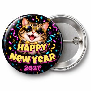 Przypinka Sylwester Kot w Okularach: przypinka na Sylwestra z napisem Happy New Year oraz polem rok (np. 2027) – przód i aluminiowy tył z agrafką