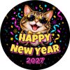 Wzór: Przypinka Sylwester Kot w Okularach – napis Happy New Year i pole rok na sylwestrowej grafice