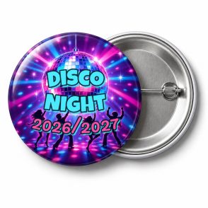 Przypinka Sylwester Neonowa Kula Disco: przypinka na Sylwestra z napisem Disco Night oraz polem rok (np. 2026/2027) – przód i aluminiowy tył z agrafką