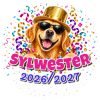 Wzór: Przypinka Sylwester Pies w Cylindrze – napis Sylwester i pole rok na sylwestrowej grafice