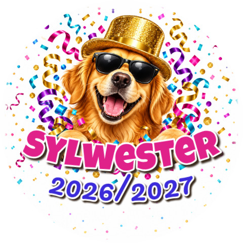 Wzór: Przypinka Sylwester Pies w Cylindrze – napis Sylwester i pole rok na sylwestrowej grafice